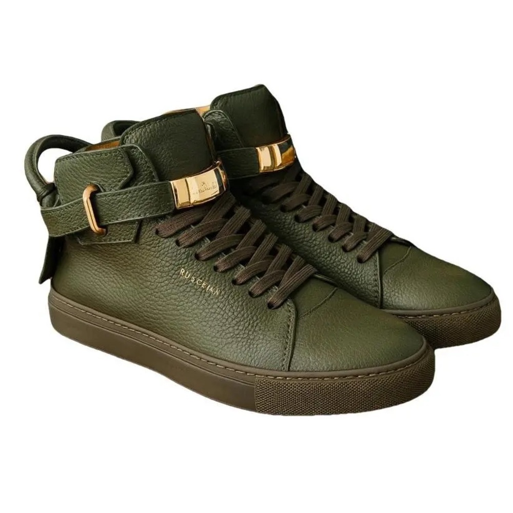 BUSCEMI 100MM BUCKLE ‘Militaire’ 
Olive Green Leather Sneakers with Gold Buckles